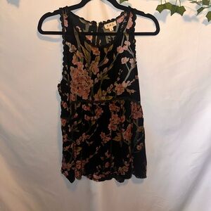 POL Black Floral Lace-Trim Sleeveless Peplum Cami